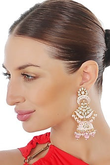 Gold Finish Kundan Polki & Faux Diamond Meenakari Jhumka Earrings