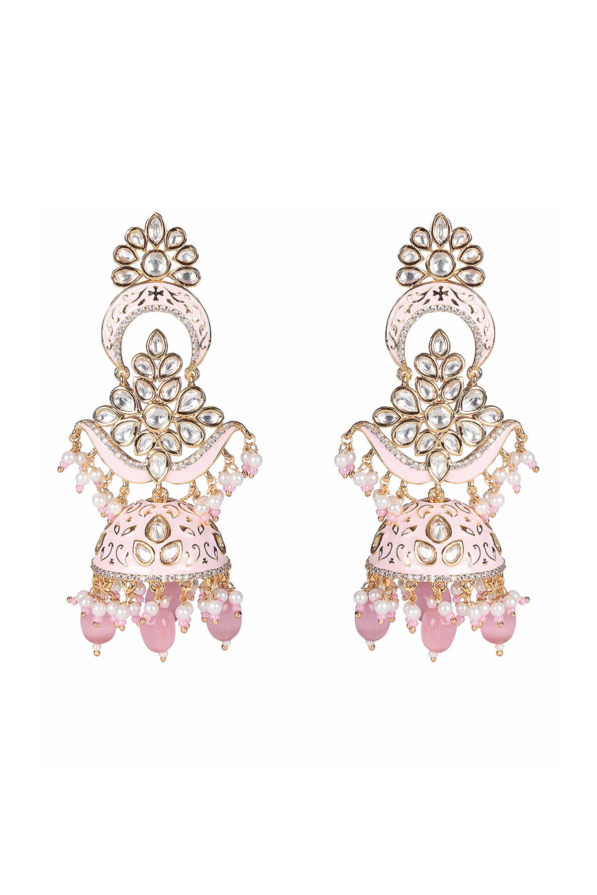 Gold Finish Kundan Polki & Faux Diamond Meenakari Jhumka Earrings