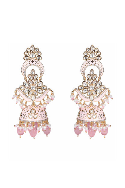 Gold Finish Kundan Polki & Faux Diamond Meenakari Jhumka Earrings