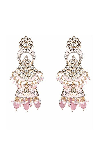 Gold Finish Kundan Polki & Faux Diamond Meenakari Jhumka Earrings