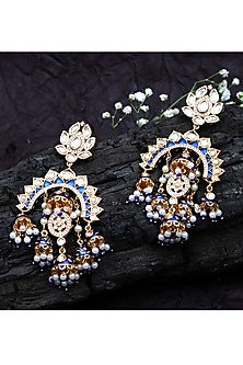 Gold Finish Kundan Polki & Faux Diamond Meenakari Chandbaali Earrings