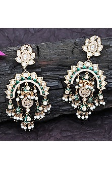 Gold Finish Kundan Polki & Faux Diamond Meenakari Chandbaali Earrings