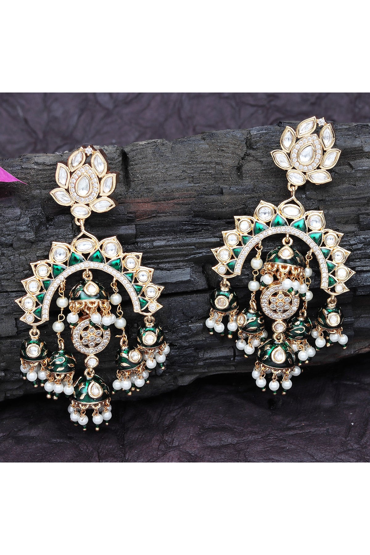Gold Finish Kundan Polki & Faux Diamond Meenakari Chandbaali Earrings