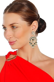 Gold Finish Kundan Polki & Faux Diamond Meenakari Chandbaali Earrings