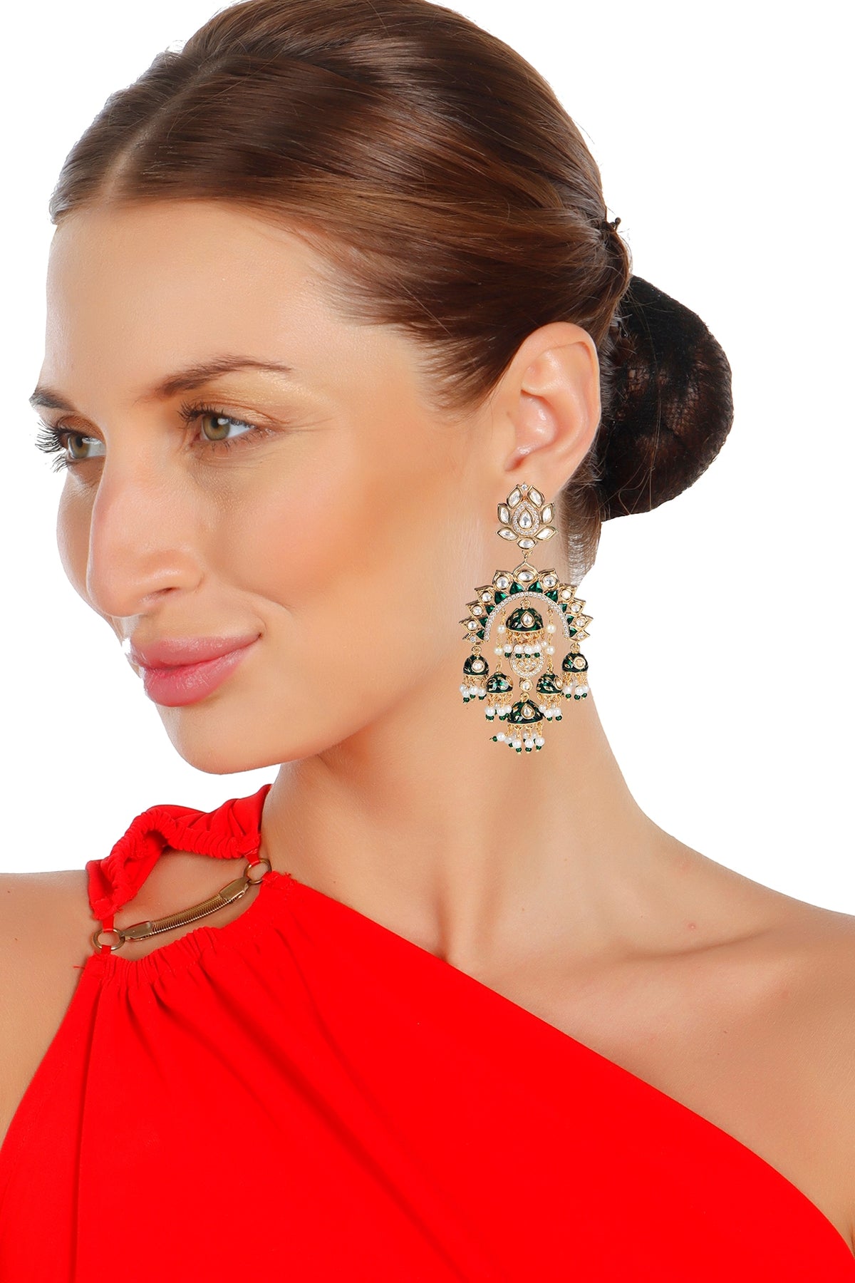 Gold Finish Kundan Polki & Faux Diamond Meenakari Chandbaali Earrings