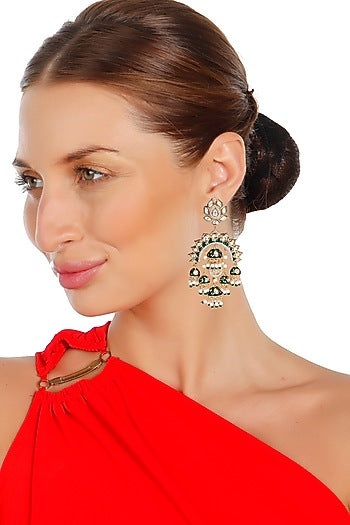 Gold Finish Kundan Polki & Faux Diamond Meenakari Chandbaali Earrings