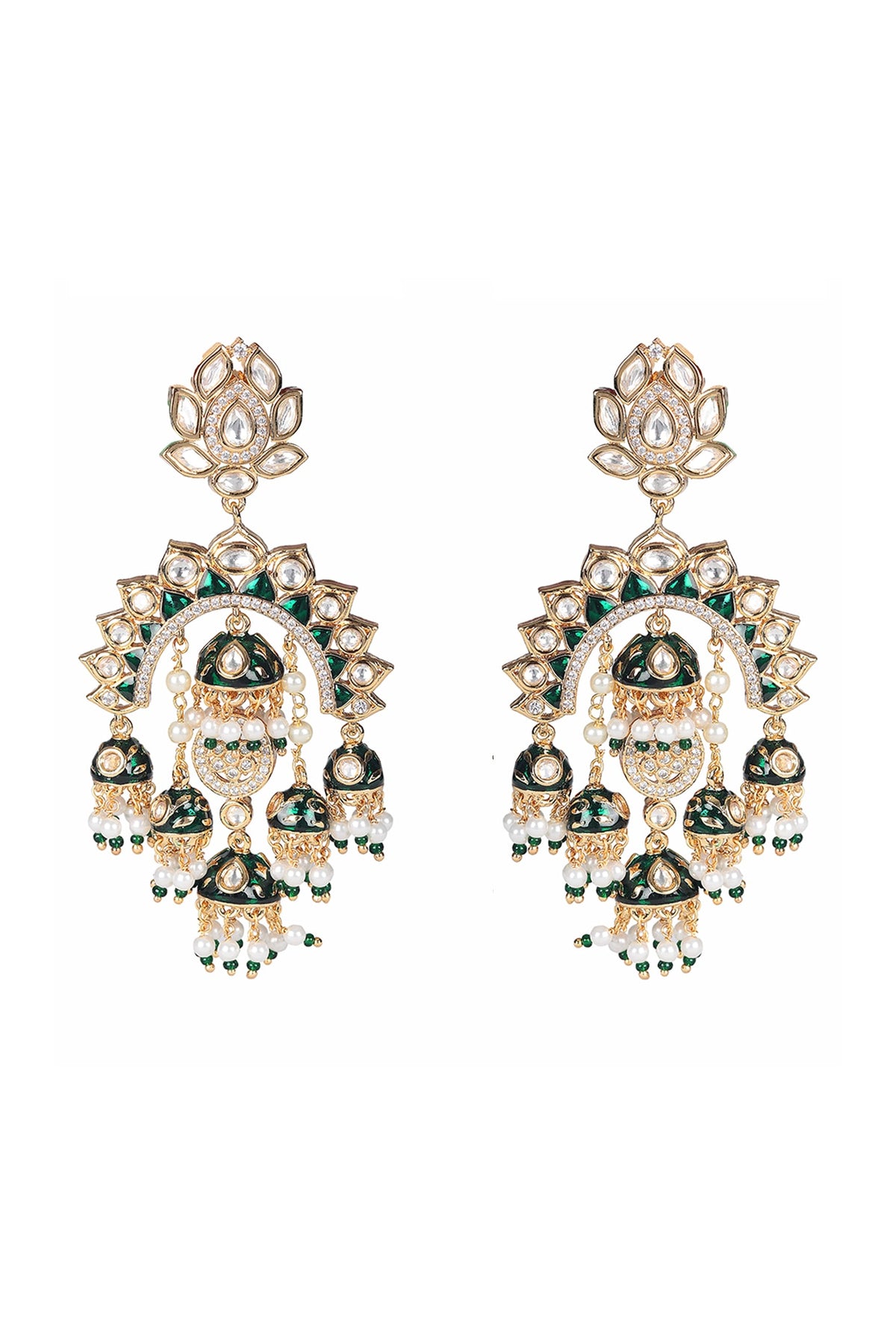 Gold Finish Kundan Polki & Faux Diamond Meenakari Chandbaali Earrings