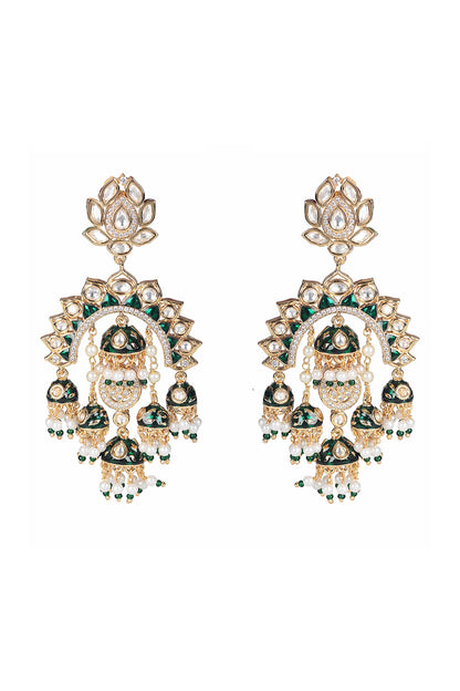 Gold Finish Kundan Polki & Faux Diamond Meenakari Chandbaali Earrings