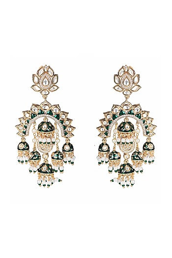 Gold Finish Kundan Polki & Faux Diamond Meenakari Chandbaali Earrings
