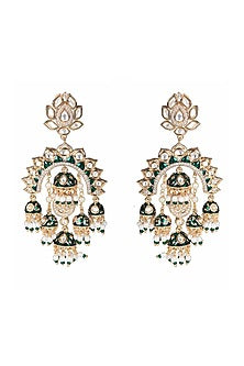 Gold Finish Kundan Polki & Faux Diamond Meenakari Chandbaali Earrings