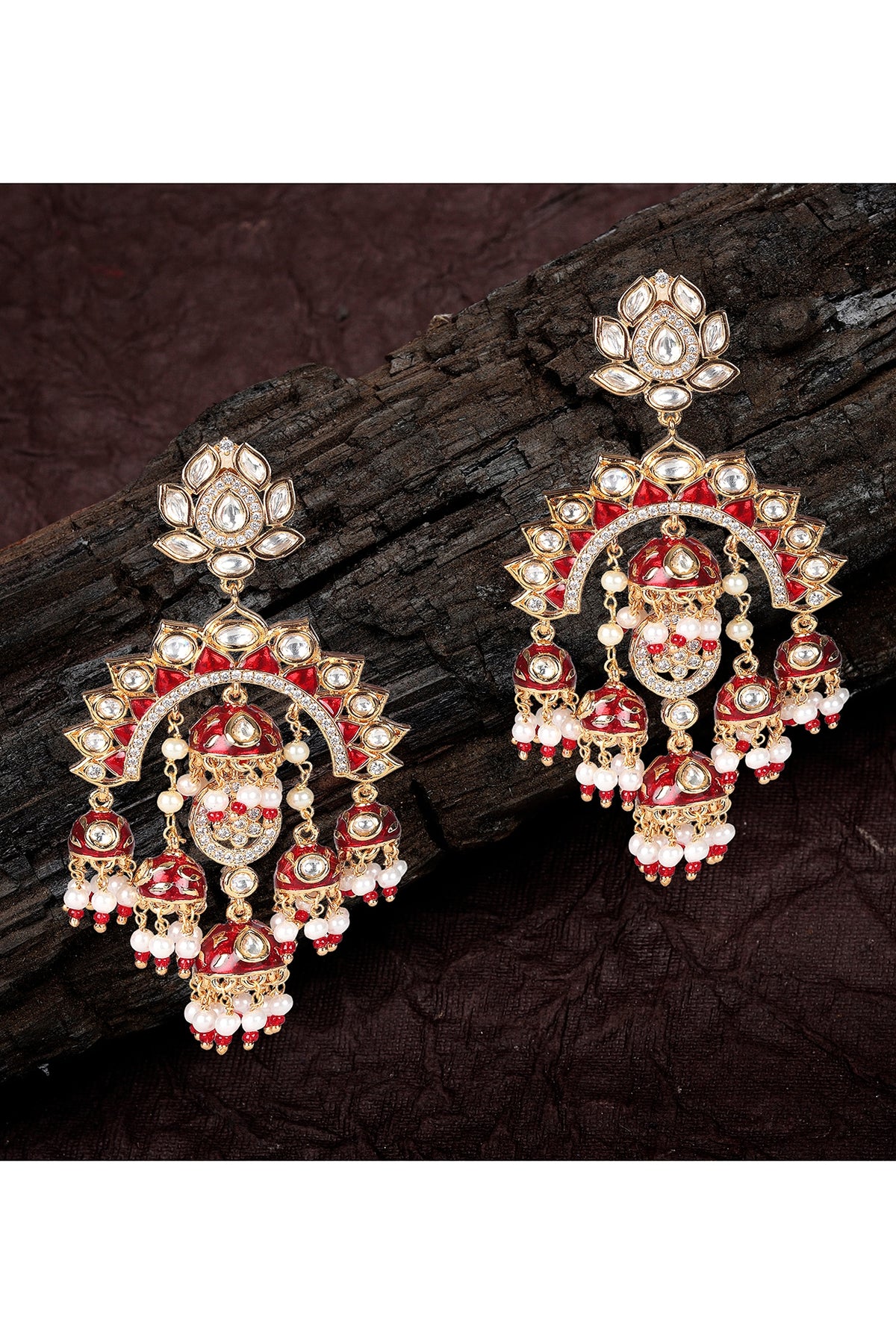Gold Finish Kundan Polki & Faux Diamond Meenakari Chandbaali Earrings