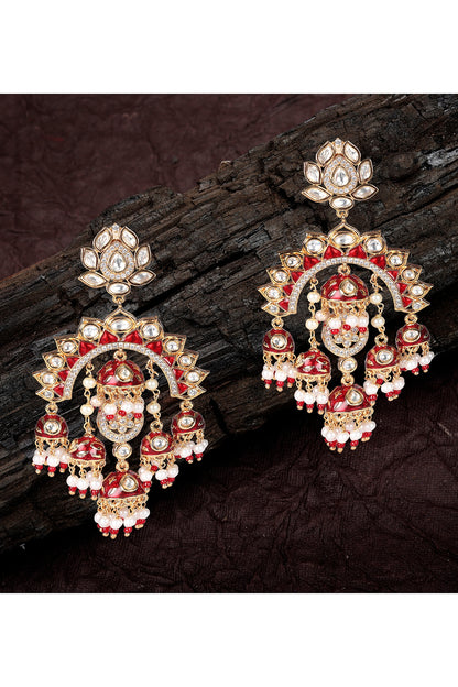 Gold Finish Kundan Polki & Faux Diamond Meenakari Chandbaali Earrings