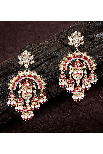 Gold Finish Kundan Polki & Faux Diamond Meenakari Chandbaali Earrings