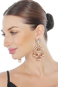Gold Finish Kundan Polki & Faux Diamond Meenakari Chandbaali Earrings