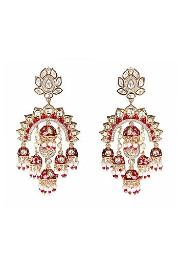 Gold Finish Kundan Polki & Faux Diamond Meenakari Chandbaali Earrings