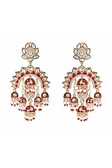 Gold Finish Kundan Polki & Faux Diamond Meenakari Chandbaali Earrings