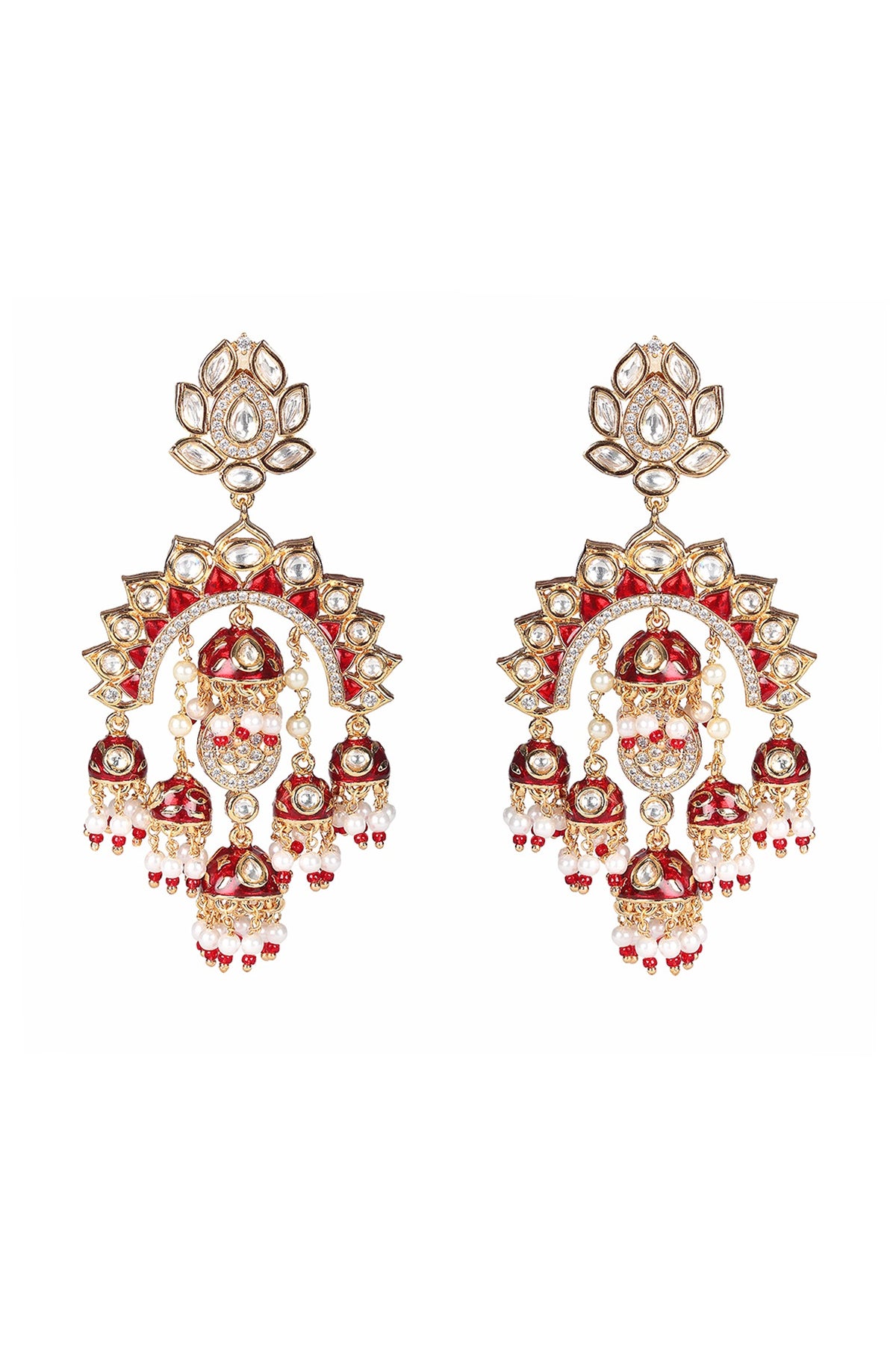 Gold Finish Kundan Polki & Faux Diamond Meenakari Chandbaali Earrings