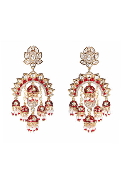 Gold Finish Kundan Polki & Faux Diamond Meenakari Chandbaali Earrings