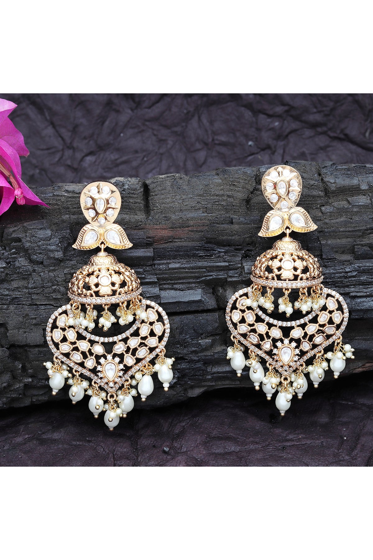 Gold Finish Kundan Polki & Faux Diamond Meenakari Dangler Earrings