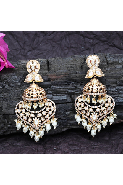Gold Finish Kundan Polki & Faux Diamond Meenakari Dangler Earrings