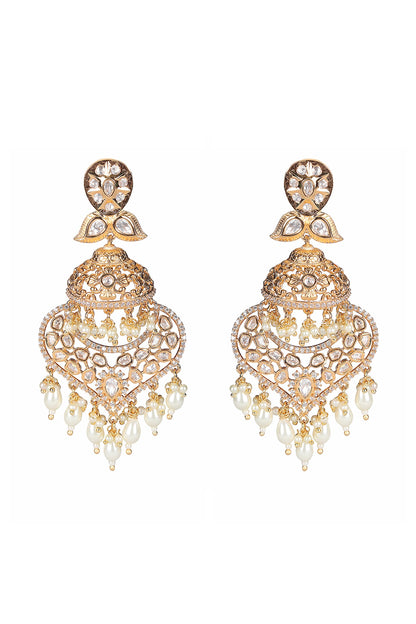 Gold Finish Kundan Polki & Faux Diamond Meenakari Dangler Earrings