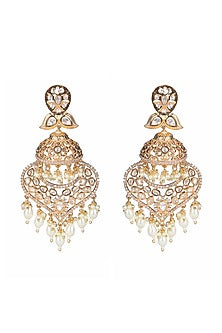 Gold Finish Kundan Polki & Faux Diamond Meenakari Dangler Earrings