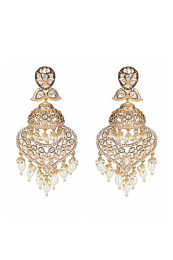 Gold Finish Kundan Polki & Faux Diamond Meenakari Dangler Earrings