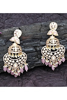Gold Finish Kundan Polki & Faux Diamond Meenakari Dangler Earrings