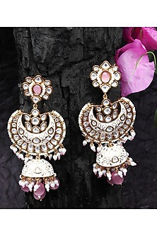 Gold Finish Kundan Polki & Beaded Meenakari Jhumka Earrings