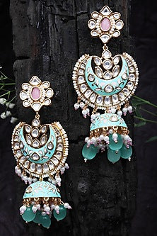 Gold Finish Kundan Polki & Beaded Meenakari Jhumka Earrings