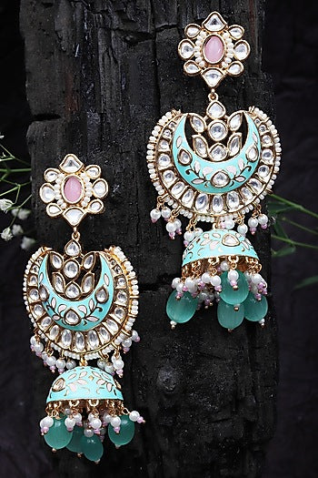 Gold Finish Kundan Polki & Beaded Meenakari Jhumka Earrings