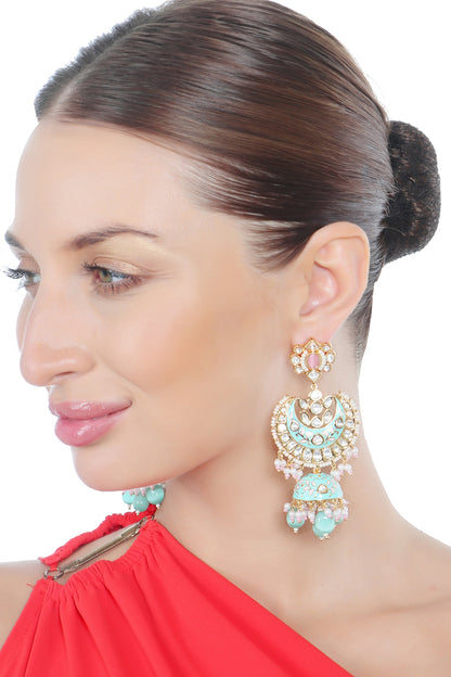 Gold Finish Kundan Polki & Beaded Meenakari Jhumka Earrings