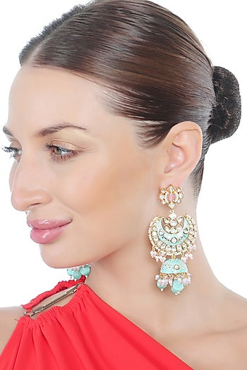 Gold Finish Kundan Polki & Beaded Meenakari Jhumka Earrings