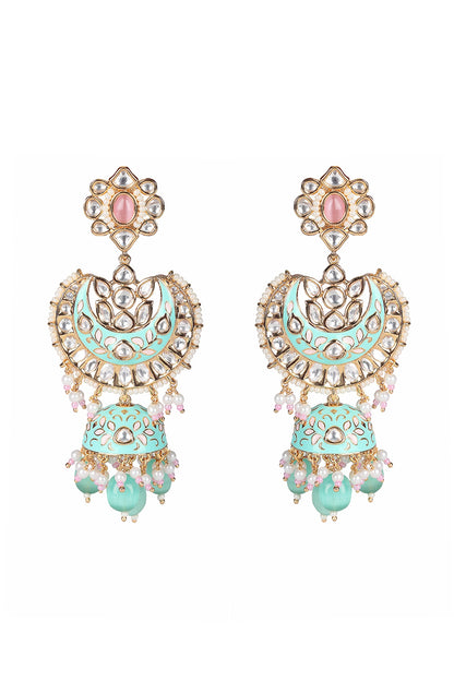 Gold Finish Kundan Polki & Beaded Meenakari Jhumka Earrings