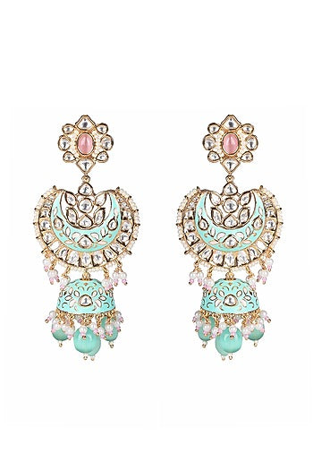 Gold Finish Kundan Polki & Beaded Meenakari Jhumka Earrings