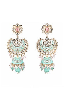Gold Finish Kundan Polki & Beaded Meenakari Jhumka Earrings