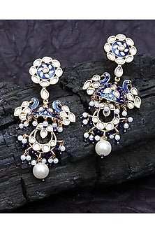 Gold Finish Kundan Polki & Beaded Meenakari Dangler Earrings