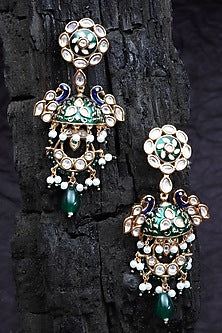 Gold Finish Kundan Polki & Beaded Meenakari Dangler Earrings