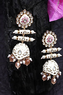 Gold Finish Kundan Polki & Beaded Meenakari Jhumka Earrings