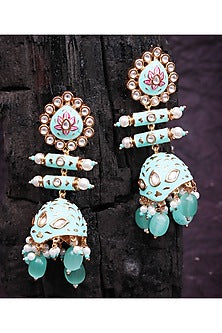 Gold Finish Kundan Polki & Beaded Meenakari Jhumka Earrings
