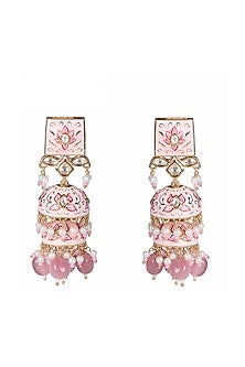 Gold Finish Pink Kundan Polki & Beaded Meenakari Jhumka Earrings