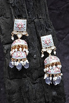 Gold Finish Grey Kundan Polki & Beaded Meenakari Jhumka Earrings