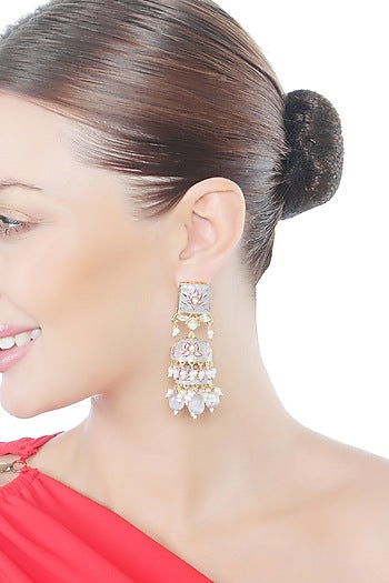 Gold Finish Grey Kundan Polki & Beaded Meenakari Jhumka Earrings