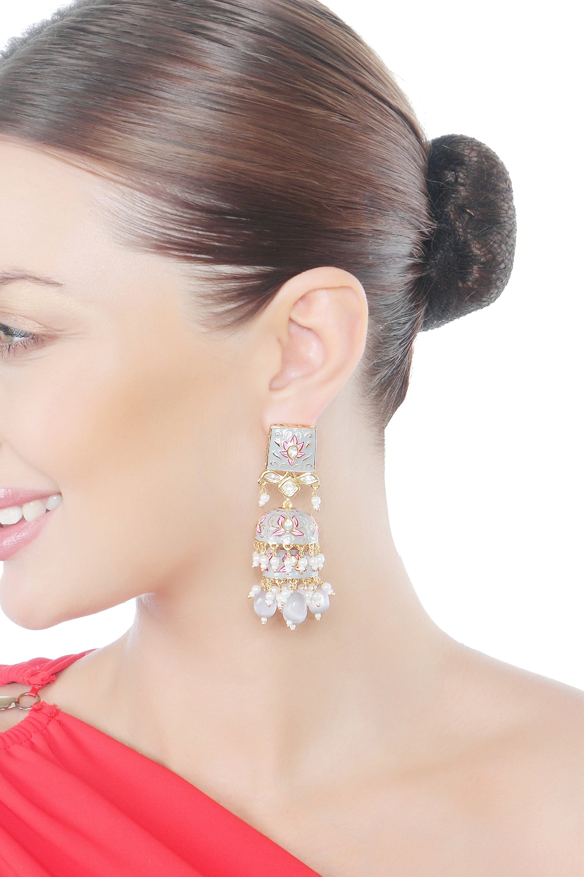 Gold Finish Grey Kundan Polki & Beaded Meenakari Jhumka Earrings