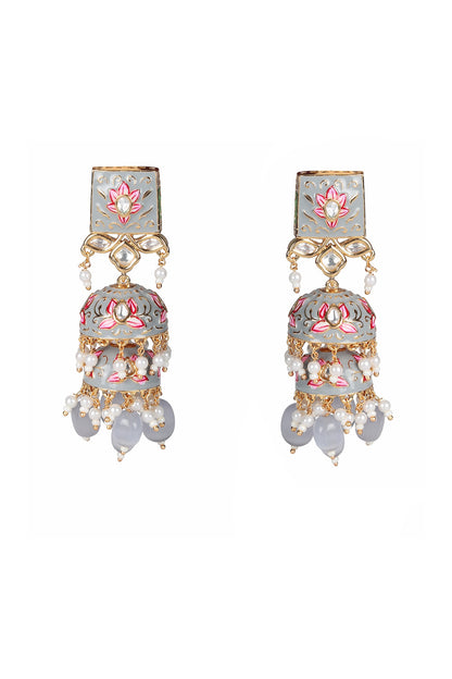 Gold Finish Grey Kundan Polki & Beaded Meenakari Jhumka Earrings