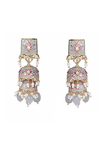 Gold Finish Grey Kundan Polki & Beaded Meenakari Jhumka Earrings