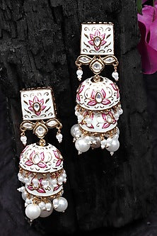 Gold Finish White Kundan Polki & Beaded Meenakari Jhumka Earrings
