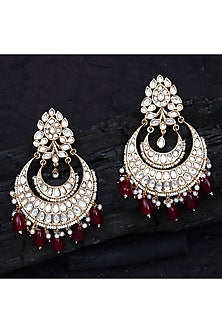 Gold Finish Kundan Polki & Red Beaded Chandbali Earrings