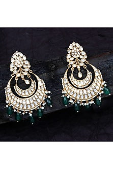 Gold Finish Kundan Polki & Green Beaded Chandbali Earrings