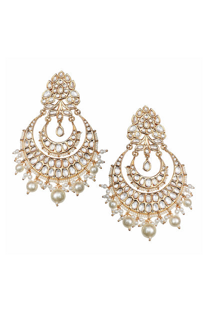 Gold Finish Kundan Polki & White Beaded Chandbali Earrings